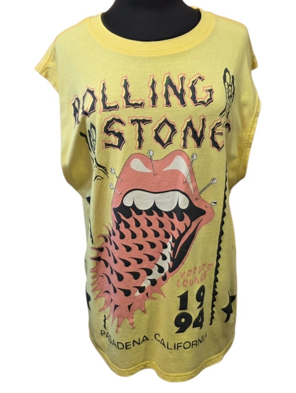 the Rolling Stones Yellow Kids Tank Top with Pink & Black Graphic